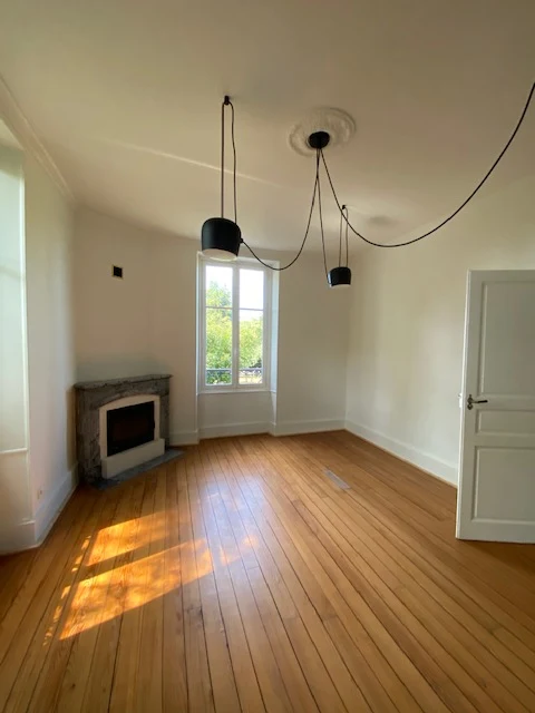 Pièce lumineuse au parquet : cheminée ancienne en marbre et suspensions noires