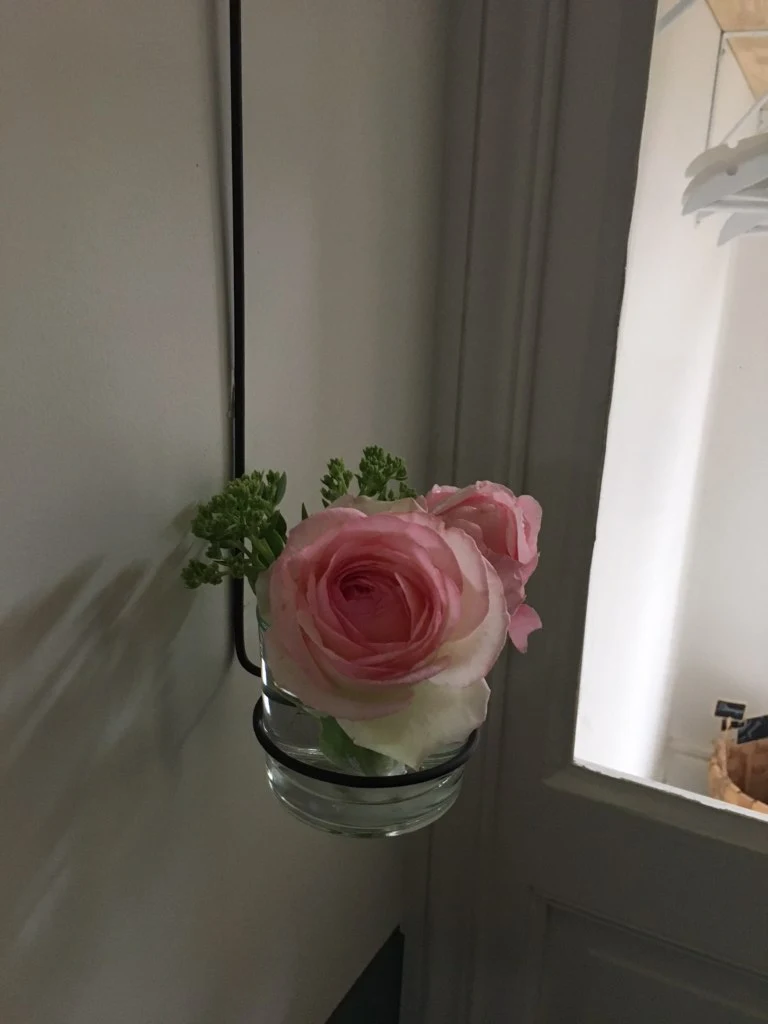 Roses pâles dans un petit vase en verre posé sur une étagère murale